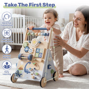 OROLIVING Wooden Baby Push Walker with Multicolor Activity Center, Toddler Learning to Walk and Sit-to-Stand Toy for 1 Year Old