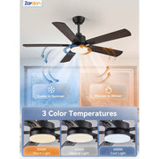 Zardon 52 Inch Ceiling Fan with Dual-Tone Black and Walnut Blades, Ultra-Quiet DC Motor, 6 Speeds, Dimmable LED Light with 3 Color Temperatures, Remote Control, Timer Function
