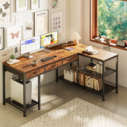 Amadwell 55 Inch L Shaped Office Desk with Built-In Power Outlets, 3 Fabric Drawers, Mesh Shelves, Rustic Brown