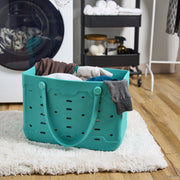 Mainstays Large All Purpose Flex Laundry Tote, Waterproof Washable EVA Plastic, Teal, 18 W x 8.75 D x 13 H