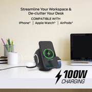 Monster 10-in-1 Charging Sphere Desktop Charging Station with Qi2 Magnetic Wireless Charging, 3 AC Outlets, 2 USB-C Ports, 2 USB-A Ports, Apple Watch and AirPods Charging Pads, 100W Total Output, Black, MWS8-1010-BLK