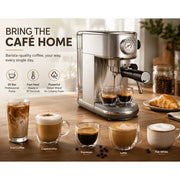 Amumu 20 Bar Espresso Machine with Steam Wand Milk Frother, Pressure Gauge, Compact Stainless Steel Coffee Maker, Silver, EM3111