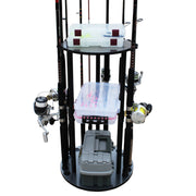 Rush Creek Creations Fishing Rod Holder, 17-Rod Capacity, 360-Degree Rotating Rack with Adjustable Wire Shelf, Black Engineered Wood, 38-3034