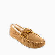 Minnetonka Sheepskin Hardsole Moccasin Slippers for Men, Tan, Size 15W, Leather Upper, Memory Foam Insole