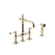 Kohler Artifacts Double-Handle Bridge Bar Kitchen Faucet with Dual Spray Side Sprayer, Vibrant French Gold, 1.5 GPM, 76520-4-AF
