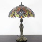 Werfactory Tiffany Table Lamp, Red Stained Glass Shade, Bronze Antique Metal Base, 24 in Tall, Bedside Desk Light, S160R16T01