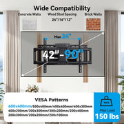 MountFTV Full Motion TV Wall Mount with Built-In Power Outlet, Supports 42-90 Inch TVs, Holds up to 150 lbs, Fits 24 in Wood Studs, Max 600x400mm VESA, Swivel Tilt Extension Level Adjustment