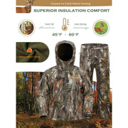 NEW VIEW Camouflage Hunting Clothing, Tree Camo Pattern, Warm Fleece Lined Hooded Jacket and Pants, Water-Resistant, Windproof, Size L