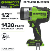Greenworkstools Pro PowerAll 24V Brushless Cordless Impact Wrench, 1/2 Inch, 1,430 ft-lb Breakaway Torque, 3-Speed Settings, Compact Design, Tool Only, IW51500