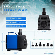 Aqua Dream 2000 GPH External Submersible Water Pump, 75W Adjustable Flow, Ceramic Shaft, UL Certified, Multiple Adapters, JD-7500