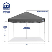 E-Z UP 12x12 Instant Canopy ONE-UP Vented Pop Up Tent, 144 Sq Ft Outdoor Shade Shelter, Gray with Roller Bag