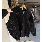 ScarletteEmmy Unisex Star Rhinestone Zip Up Hoodie, Oversized Hooded Sweatshirt with Full Zipper, black, L