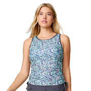 Free Country Women's Full Side Shirring Tankini Top, Aruba Seaside Petals Floral, UPF 50+ Sun Protection, Adjustable Ties, Quick-Drying, SRLSS5180