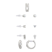 Believe By Brilliance Fine Silver Plated Four Pair Earring Set with Ear Cuff, Cubic Zirconia and Simulated Pearl, Silver