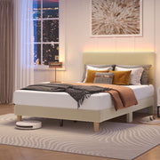 Bestier Corduroy Upholstered Full Bed Frame with Adjustable Headboard, LED Light, Solid Teak Wood Slats, Beige