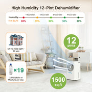 AIRFIRE PD8-02AE 12 Pint Dehumidifier, 1500 Sq.Ft Coverage, 0.59 Gal Water Tank with Overflow Protection, Quiet Operation, Touch Controls, Timer, Drain Hose