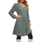SHINE UP Womens Dress, V Neck, Long Puff Sleeves, Mid-Length with Pockets, Green, M