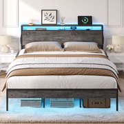 Bestier B700793B King Led Platform Bed with Storage Headboard Charging Station,Grey