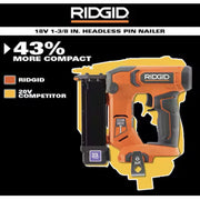 Ridgid 18V Cordless 23-Gauge 1-3/8 in. Headless Pin Nailer, Orange, Metal Body, R09898B