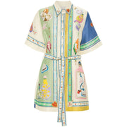International Selection Women Floral Cotton Linen Dress Short Sleeve Tie Waist Casual Summer Dress, green