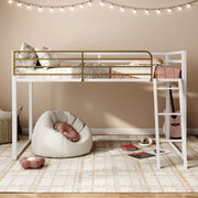 Furniture of America Twin Kids Junior Loft Bed with Full-Length Guardrails, Angled Ladder, White and Gold Two-Tone Metal Frame, 49-Inch High EC-BTS1249-W