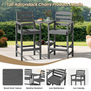 SERWALL Tall Adirondack Chairs Set of 2 with Connecting Table, HDPE Outdoor Barstools, Grey