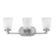 Hinkley Bennett 3 Light Bathroom Vanity Light Fixture, Polished Antique Nickel, Clear Holophane Glass Shades, 24.25 in Wide, 5353PL