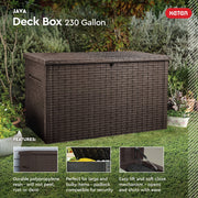 Keter Java XXL 230 Gallon Resin Outdoor Deck Box, Weather-Resistant Rattan Texture, Hydraulic Piston Soft Close, Large Grey Storage