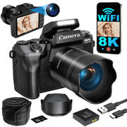 XLURC Digital Camera, 8K UHD Video, 64MP CMOS Sensor, 4-Inch Touchscreen, Dual-Lens Vlogging Camera, 16X Digital Zoom, WiFi Enabled, Black, W05-Black