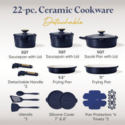 Carote A13992 22 Pcs Ceramic Cookware Set, Pots and Pans Set with Detachable Handles, Oven Safe, Blue