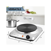 Ovente Electric Single Burner 7.25 Inch Cast Iron Hot Plate Cooktop with 5 Level Temperature Control & Easy Clean Stainless Steel Base Portable Countertop Stove for Home Dorm Office Silver BGS101S