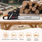 Vipsafe 58cc Gas Chainsaw, 20-Inch Low-Kickback Laminated Bar, 2-Cycle Engine, Triple Anti-Vibration System, Chain Brake, Rear Handle, Black and Red