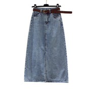 Elegantia Goods Womens High-Waisted Denim Midi Skirt with Front Slit, Blue