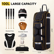 Fegat Rolling Baseball Bag with Wheels, Large 100L Zoned Softball Equipment Bag, Durable 900D Oxford Cloth, Reflective Strip, Shoe Compartment