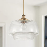 Capital Lighting Miller Pendant Light Fixture, 1-Light, Aged Brass Finish, Clear Ribbed Glass Shade, 12in High, 15in Wide, 342211AD