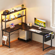 Casacomoda 53 Inch L-Shaped Office Desk with Built-in Power Outlets, USB Ports, Adjustable LED Lighting, Hutch with Three Shelves, Black