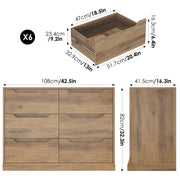 Homfa HOS-PB-210 6 Drawer 42.5'' W Double Dresser, Modern Handless Wood Storage Cabinet, Rustic Brown