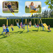 Gardwin 7in1 Metal Outdoor Swing Set with Saucer Swing, Double Wall Slide, Glider, Belt Swing, Trapeze Bar, Standing Swing, Teeter Totters, Yellow and Blue, for 10 Kids Ages 3-12 GW-SW701-BY
