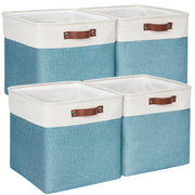 Tegance Fabric Storage Cube Baskets 4 Pack, 13x13 Inch Large Collapsible Storage Bins with PU Leather Handles, White and Green