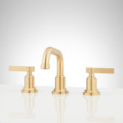 Signature Hardware Greyfield Bathroom Faucet, 1.2 GPM Low Angle Widespread, Brushed Gold, Dual Lever Handles, Pop-Up Drain Assembly, Adjustable 6-12 in Centers, 955228