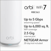 NETGEAR Orbi 360 Series Dual-Band WiFi 7 Mesh Network System, Wireless Router with 2 Extenders, 5 Gbps Speed, 6,000 sq.ft. Coverage, Supports 70 Devices, 2.5 Gigabit Internet Port