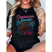 DZY Women's Casual T-Shirt Dominican Republic Vacation Graphic, Black, 2XL, Cotton