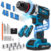 RELOIVE 21V Cordless Drill Driver Power Set, 4-in-1 Multifunctional Tool, 45Nm Max Torque, 3/8 in Keyless Chuck, Dual 2000mAh Batteries