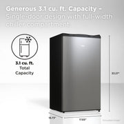 TCL TRM31S4AV Silver Single Door Compact Refrigerator without Freezer for Dorm, Office & Garage, 3.1 Cu. Ft.