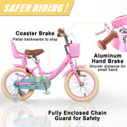 Glerc Maggie 16 Inch Kids Girls Bike, Princess Style with Doll Seat, Basket, Training Wheels, Pink, BG1012YD16pk