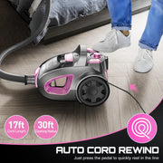 SUXIANGVAC SL159 Canister Vacuum Cleaner, 32Kpa 1600W Bagless Vacuum Cleaner, Dust Full Indicator, H13 HEPA Filter, Pink