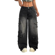 Y2K Womens Baggy Jeans Wide Leg Star Patch Distressed Denim Pants High Waist Loose Fit, Size M