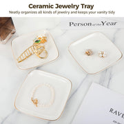 Hygivital Ceramic Jewelry Tray Set, 12 Pcs 4.5 Inch Square White Ring Dish Organizer with Gold Borders