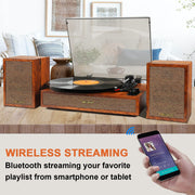 TANLANIN Record Player 3-Speed Belt Drive Turntable with Bluetooth, External Stereo Speakers, Brown Wood TE-2028BW