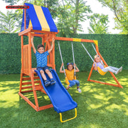 Sportspower WP-719 My First Wood Swing Set with 2 Swings, Rock Climber & 6' Double Wall Slide, Brown